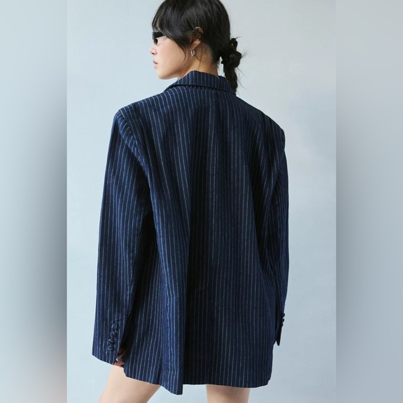AFRM Joette Oversized Cotton Blend Blazer - Navy Pinstripe Jacket - Picture 3 of 4